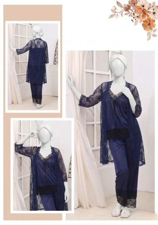 d943d860281fcf46eb9b9adb761f0455 3 Pcs Premium Silk & Net Black Lace Women's Sleepwear Set Top Trouser & Gown (Size free)
