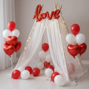 da5cf2eca3dddcb8f06d8fec84f35dd4 32 Pcs Romantic Tent Decoration Set With Red & White Balloons, Foil Heart, LED Lights & White Curtain Backdrop For Bedroom