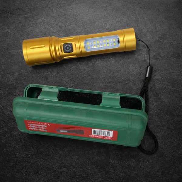 dbaa5151da0374cfea89cdcfdae68b7d Rechargeable Golden LED Flashlight with COB Side Light & Storage Box