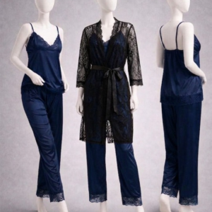 dc3043bcd883bd2ae895b9247aa37fc2 Elegant 3-Piece Women's Nightwear Set – Silk Cami, Pyjamas & Lace Robe (Free Size)