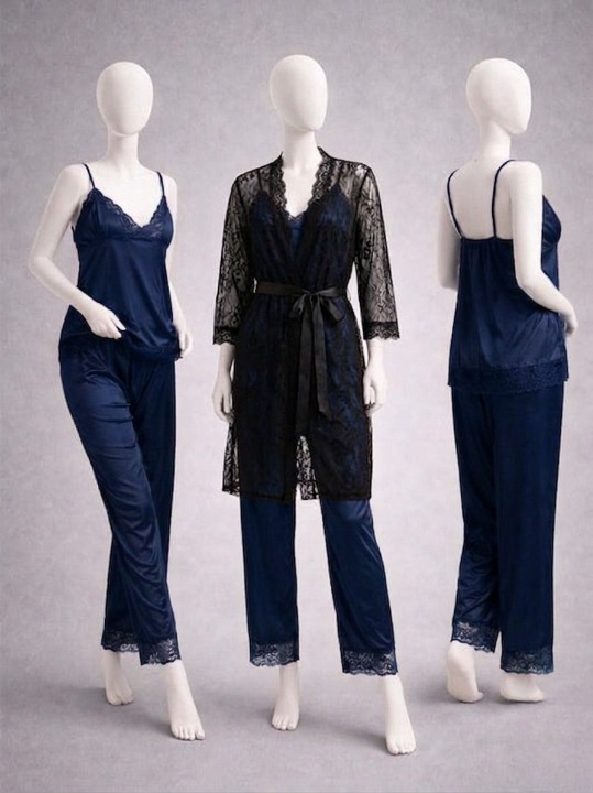 dc3043bcd883bd2ae895b9247aa37fc2 Elegant 3-Piece Women's Nightwear Set – Silk Cami, Pyjamas & Lace Robe (Free Size)