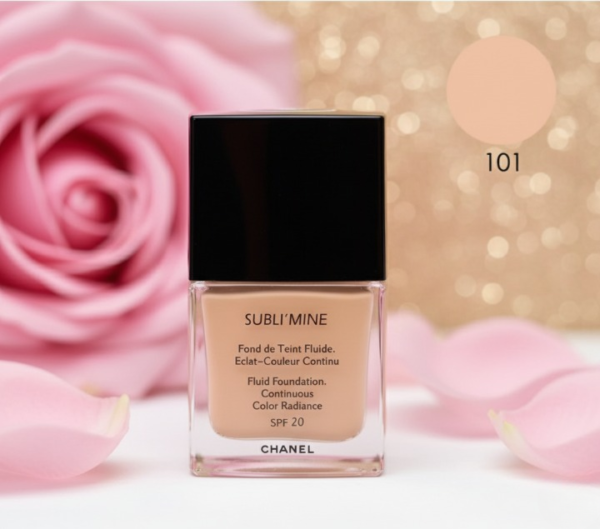 dd5e153f065ee421ac7b3f4ecf8f0fb5 Chanel Sublimine Fluid Foundation Continuous Color Radiance SPF 20 Shade 101 Exact Champagne Long Lasting Smooth Finish 75ml
