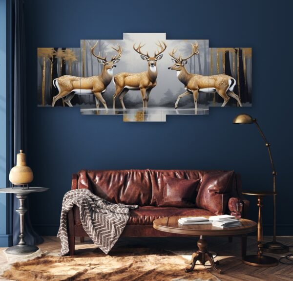 e0bf03f4bd81ba6bc5a6dc3543f87a90 Set of 5 Frames | 3 Deer Picture | 16x40 Inch | Wooden Sticky Tiles | Easy Wall Mount with Double Tape
