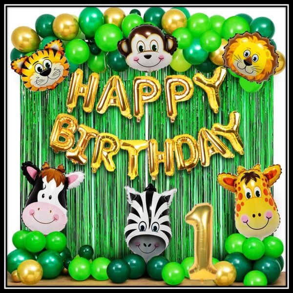 ea6a2553cff5e61ec5863e7fca1e7c2f Jungle Theme Birthday Party Decoration Set 50 Pcs for Kids Boys & Girls – Animal Safari Birthday Balloon Combo with Happy Birthday Banner, Foil Curtains & Number Balloon