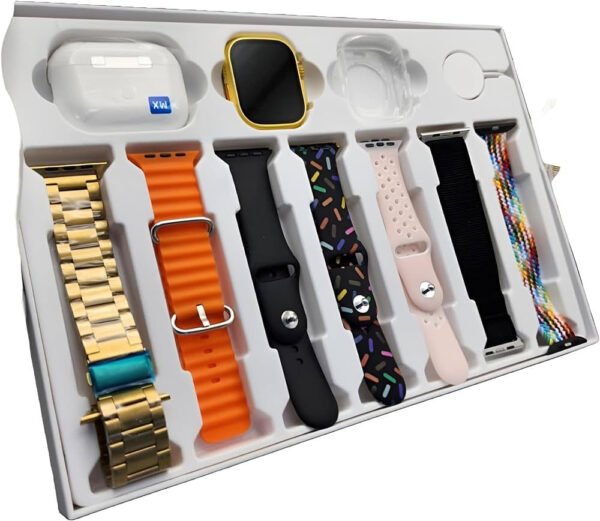 edb0c81f56b2cecfc9f9d9ee6a31aa4f I20 Ultra Max Suit Smartwatch 10-in-1 Box – 2.3-Inch Large Display with 7 Mixed Color Straps and AirPods 2 – Complete Smart Combo Set for Men and Women (Random Color)