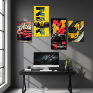edf533199e4c013dd7055db30db18d95 Set of 4 Stylized Automotive Canvas Prints | Wooden Sticky Wall Tiles | 8x16" & 8x11" | Double Tape Included