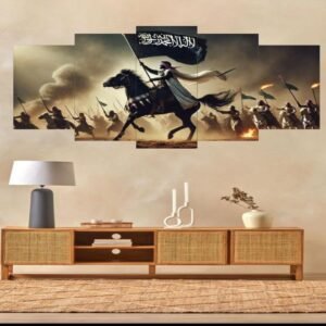 f1b037f42789ee29b5c52b178f65a21e Islamic Warrior Canvas Wall Art – Set of 5 Panels (16x40 inches) | Wooden Sticky Tile Frames with Double Tape