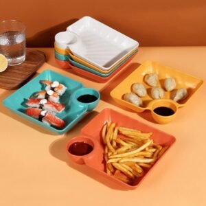 f2bf2129db05a9e7d8ae6d61b138989d 4-Piece Colorful Serving Platter Set – BPA-Free Snack, Sushi, Appetizer & Dessert Plates with Built-in Dipping Bowls for Parties & Everyday Use (Random Color)