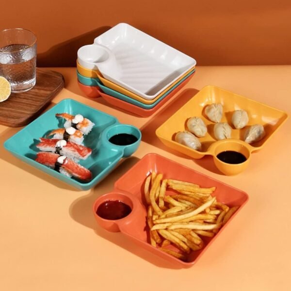 f2bf2129db05a9e7d8ae6d61b138989d 4-Piece Colorful Serving Platter Set – BPA-Free Snack, Sushi, Appetizer & Dessert Plates with Built-in Dipping Bowls for Parties & Everyday Use (Random Color)