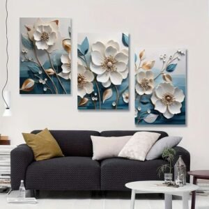 f463b7dbed0269a49fb968a69a54b356 Elegant 3-Piece Floral Wall Frame Set – White Blossoms & Golden Stems on Teal Background