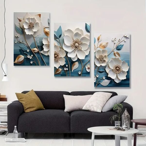 Elegant 3-Piece Floral Wall Frame Set – White Blossoms & Golden Stems on Teal Background