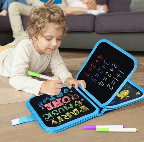 f51714f90de9ac5fe0917f068debba5d Erasable & Reusable Doodle Magic Blackboard Book with 3 Color Markers – Kids Drawing & Learning Activity Book (Random Color)