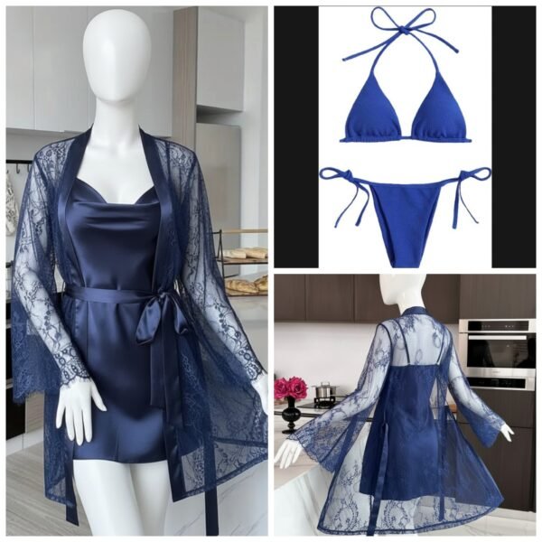 f6233b15b8b0c4db0a52d3a39b35b25f 4 Piece Women’s Transparent Net Gown Set – Soft Lace Robe with Silk Inner, Bra & Panty | Free Size - Up to 38 Chest (DC-4052)