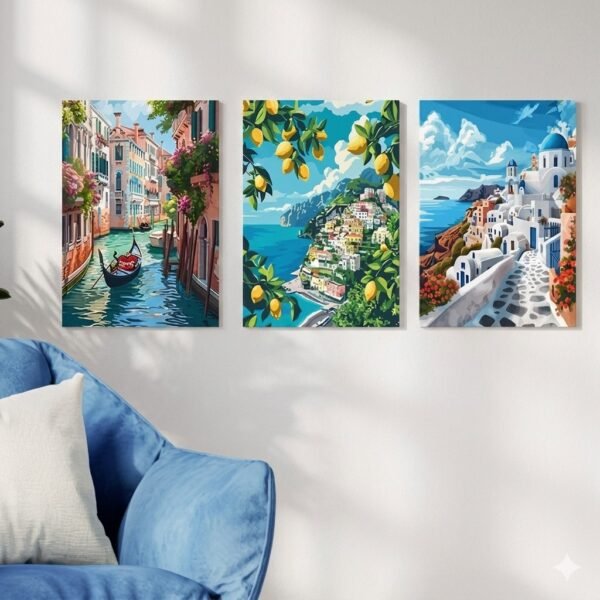 f6d2753e358e500c65c436bc5be85a9f 3Pcs Scenic Canvas Wall Art | Italian & Greek Landscape Paintings With Double Tape