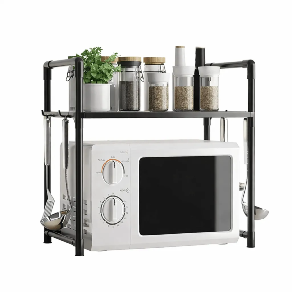 fad12d90f70aa773386613832f9d7d89 Microwave Oven Storage Rack 2-Tier Kitchen Organizer | Space-Saving Carbon Steel Shelf For Countertop And Utensils | Random Colour ~ Plastic