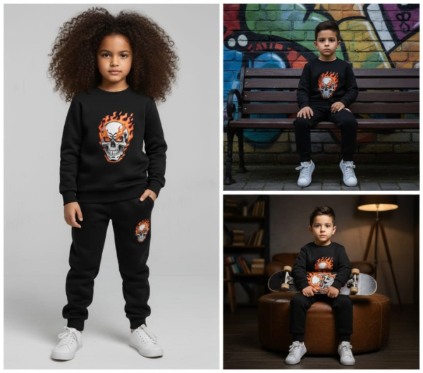 Black Printed Kids Tracksuit | Winter Fleece Sweatshirt & Trouser Set – Warm, Soft & Stylish Winter Garments for Boys & Girls FOR BABY AND KIDs