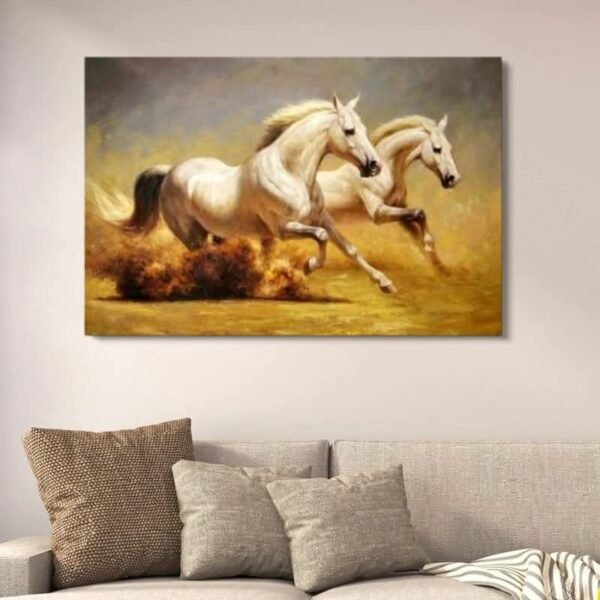 fd74f44f17fbab84cac4d344b2286c72 Galloping White Horses Wall Decor | Majestic Stallion Running Action Painting | Wooden Art Frame 12x16 Inches