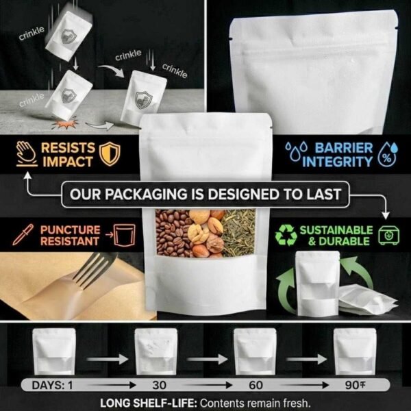 feeeb8fe6f8c2ecbdf0c2197a5988a11 White Kraft Paper Stand-Up Zip Lock Bag with Transparent Window for Food & Cosmetic Storage