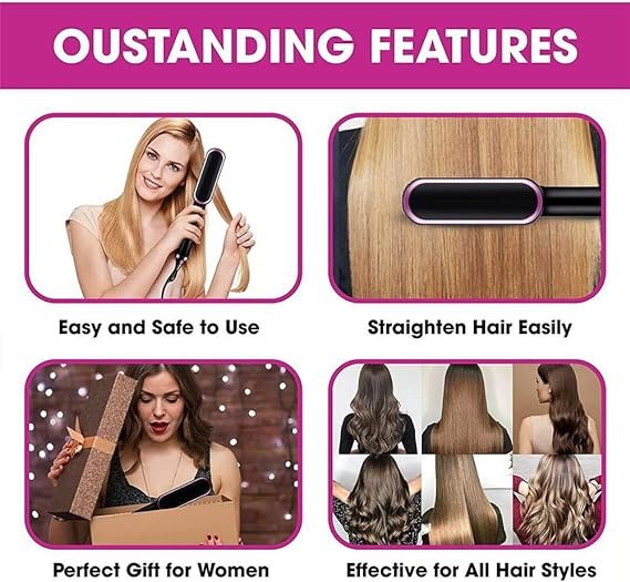 HQT-909B Electric Hair Straightening & Curling Comb/Brush - Dual-Purpose Professional Hair Styler, Non-Damaging Splint, | 2 in 1 Hair Straightener | ( Random Color )