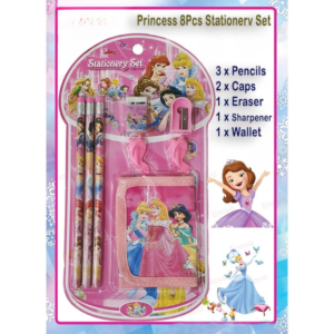 imgi_54_9fc0bb0edad780faa2a041e098ee526a_cleanup-1 8 Pcs Disney Stationery Gift Set for Kids – Includes Pencils, Eraser, Sharpener, Pencil Caps & Wallet (Random Character)
