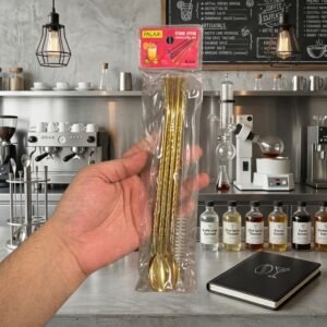221dff325945b487f6670050017d2314 4 Pcs - Gold Straw Spoon Set With Cleaning Brush - Kitchen Accessory Designed For Dining And Daily Utility Routine