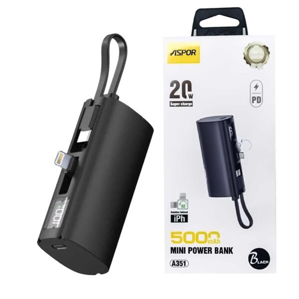 45147a4fc8ee85a98322080a4e28bcef Aspor A351 Mini Power Bank 5000 Mah Portable Mobile Phone Charger Lithium Battery Power Bank | iPhone & Type-C Compatible | Flexible Cable | Digital Display | Built-in Mobile Stand