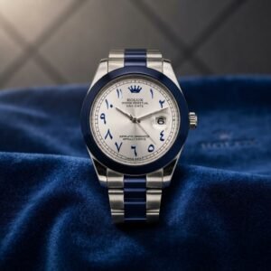 Premium Luxury Arabic Dial Watch | Elegant Stainless‑Steel Strap With Blue Accents & Date Display
