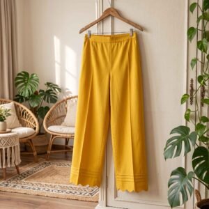 Women’s Mustard Yellow Cotton Palazzo Pants with Pintuck & Scalloped Hem