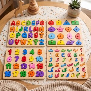 4pcs Montessori Wooden Alphabets Board - Capital ABC, Urdu, Shapes, 1-20