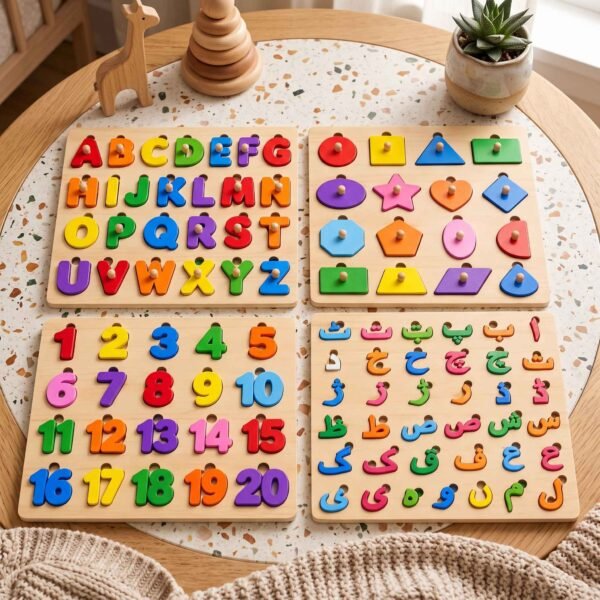 4pcs Montessori Wooden Alphabets Board - Capital ABC, Urdu, Shapes, 1-20