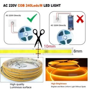 10M 220V COB LED Profile Strip Light - Super Bright 240LEDs/M