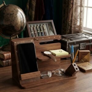 Wooden and Brass Desk Organizer & Mobile Docking Station