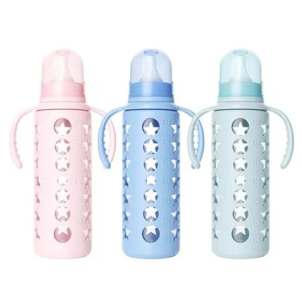 Premium Anti-Colic Glass Baby Feeder (8oz) With Silicone Cover - 240ml - Random Color