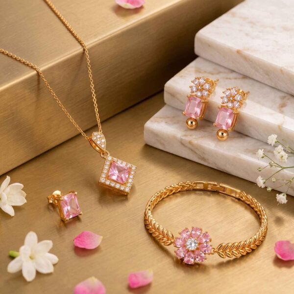 ce481f8fc2e142dc64c145b23dcfadef Latest Pink Crystal Gold Plated Jewelry Set Design 2026 | Stylish Pendant Set