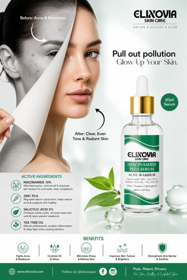 d9d0245829153bf344a1bb95f072db2c Elixovia Niacinamide Plus Acne Warrior Serum – Brighten, Balance & Clarify (30ml)
