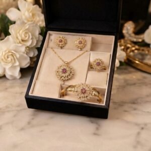 Gold Plated Floral Jewelry Set Traditional Matching Necklace , Earrings , Bracelet And Ring