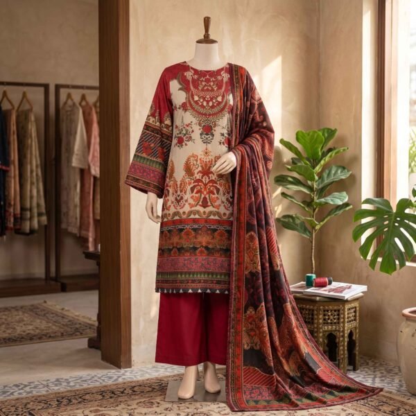 3-Piece Stitched Printed Poly Karandi Suit