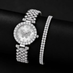 Women's Butterfly Decorative Dial Quartz Watch with 2-Layer Bracelet Set