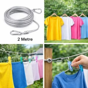 2-Metre Stainless Steel Clothes Drying Wire with Hooks – Heavy-Duty Portable Laundry Line