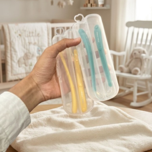 Baby Silicone Feeding Spoon & Fork Set with Hygienic Storage Box | Ultra-Soft Non-Toxic Self Feeding Toddler Utensils | Portable 2-Piece Premium Travel Pack Set for Sensitive Gums - Random Color