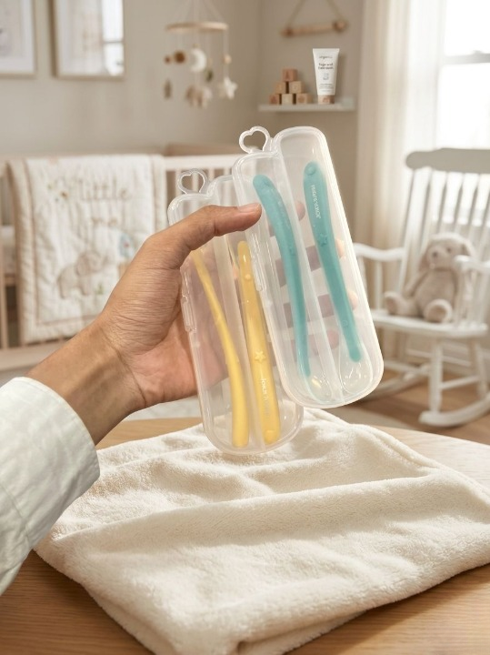 fe1828f404fbcceeff76b7a786a00357 Baby Silicone Feeding Spoon & Fork Set with Hygienic Storage Box | Ultra-Soft Non-Toxic Self Feeding Toddler Utensils | Portable 2-Piece Premium Travel Pack Set for Sensitive Gums - Random Color