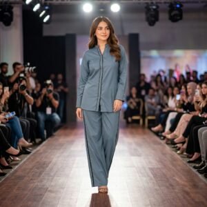 Women’s Dusty Blue Georgette 2 Piece Co-Ord Set | Stylish Button-Down Shirt & Matching Trouser